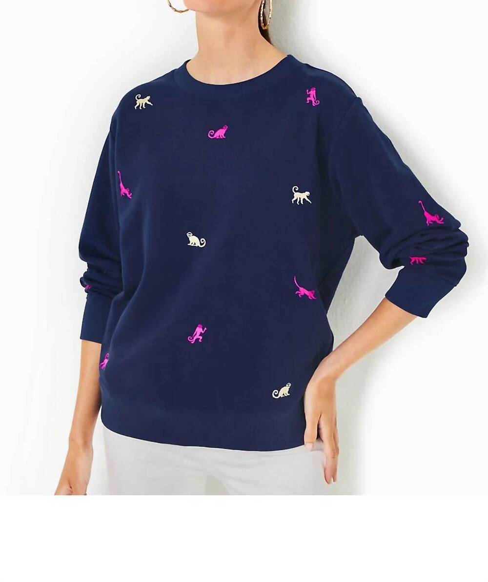 NEW LILLY PULITZER monkey half drop ballad sweatshirt in low tide navy